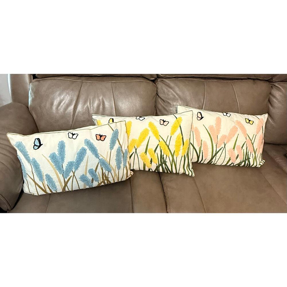 Three Mew Multicolor Floral Tufted Embroidered Pillows,Yellow,Blue,Pink
